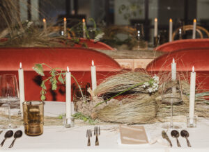 Inside the moodily-lit dining room, SWOON designed the textural, earthy tablescape. (Photo by A Sea of Love for Dallas Contemporary)