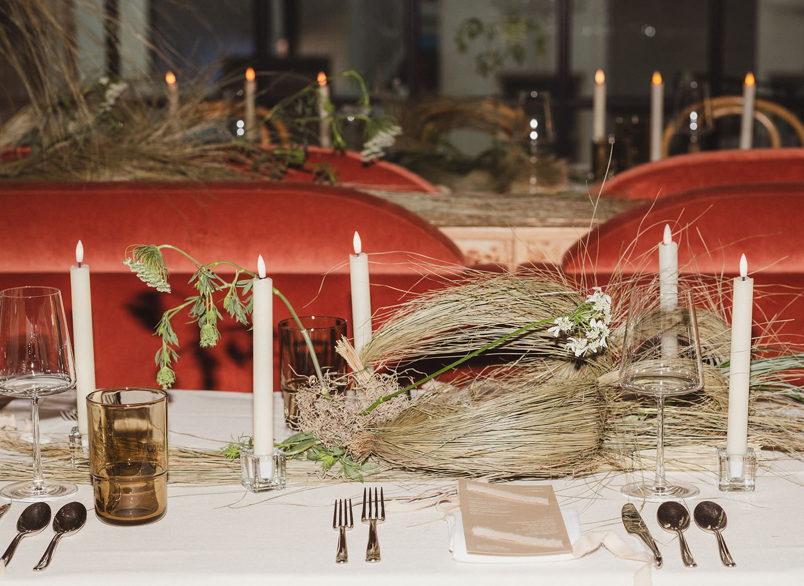 Inside the moodily-lit dining room, SWOON designed the textural, earthy tablescape. (Photo by A Sea of Love for Dallas Contemporary)