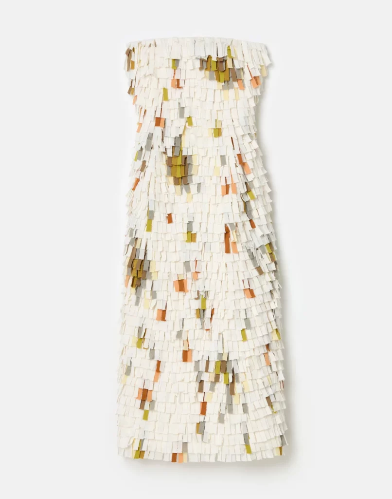 Lafayette 148 New York Collaged Fringe Finespun Voile Strapless Knit Dress (Photo by Enmi Yang)