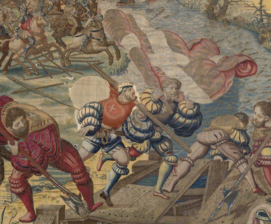 "The Flight of the French Rear Guard Under the Duke of Alençon" (detail), circa 1528–1531, designed by Bernard van Orley, woven by Willem and Jan Dermoyen, at MFAH (© Museo e Real Bosco di Capodimonte)