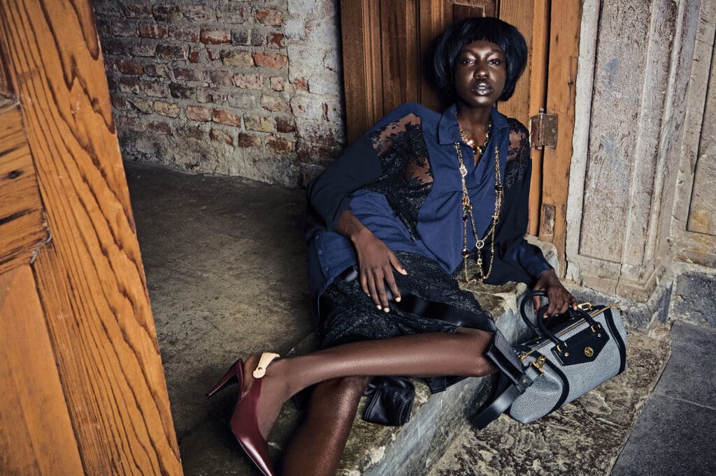 Louis Vuitton oversized belt dress $4,750, and Legacy slingback pump $1,160. Louis Vuitton LV Bike MM $4,600, and Heirloom pendant sautoir $1,440, sautoir $1,920, and choker $1,190. (Photo by Bryan Flores)