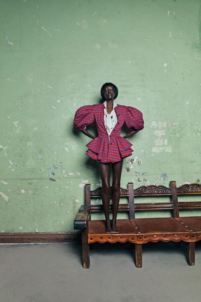 Louis Vuitton crew-neck dropped-yoke jacket $9,100, and short-sleeve front-buttoned lavaliere $3,050. (Photo by Bryan Flores)