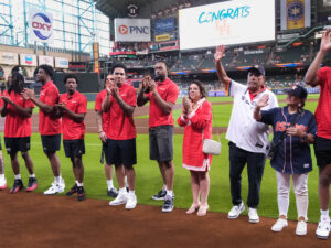 University of Houston Cougars men’s basketball team dejected after loss to Florida Gators in the NCAA Final Four Championship game Monday night in the Alamodome, April 7, 2025