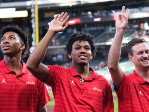 University of Houston Cougars men’s basketball team dejected after loss to Florida Gators in the NCAA Final Four Championship game Monday night in the Alamodome, April 7, 2025