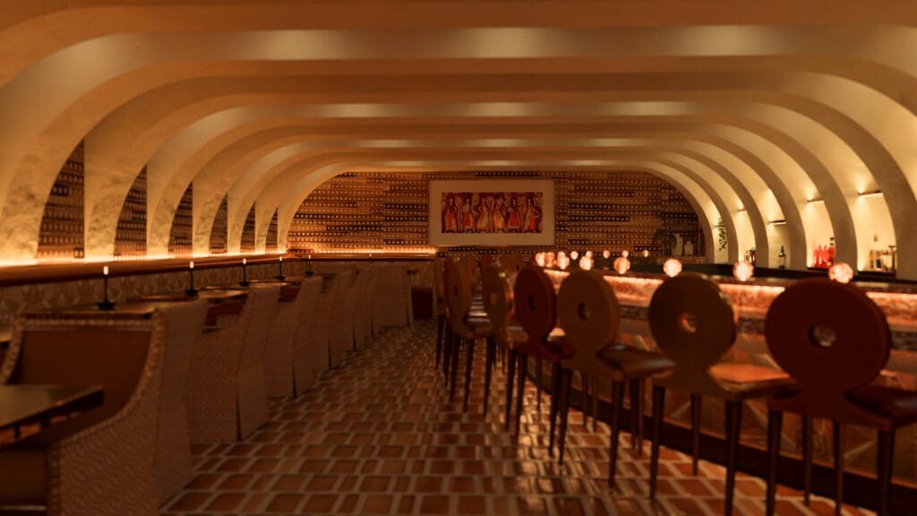 A sleek, sculptural bar anchors the subterranean setting at Beverly’s Downtown. (Courtesy)