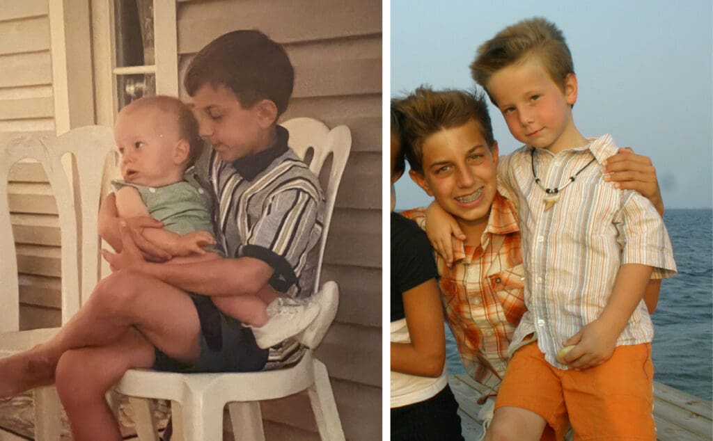 From birthday parties to beach trips — Martin & Samson’s bond spans decades. (Left: Payton Martin and Jacob Samson at Payton’s 1st birthday party. Right: Family beach vacation, 2005.