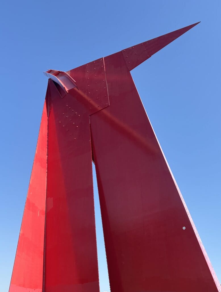A detail of Mac Whitney's "Houston," 1981. Painted steel sculpture. This abstract sculpture, commissioned in 1979 by the City of Houston, was placed in Stude Park near White Oak Bayou. (Photo by Ericka Schiche)