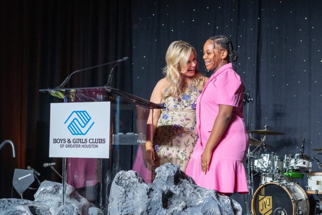 Emcee Maggie Flecknoe, junior emcee Devyn M. at Boys & Girls Clubs of Greater Houston's Great Futures Gala (Photo by Jacob Powers)