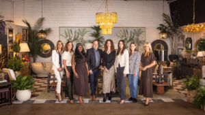 Dwell with Dignity’s 2025 Thrift Studio designers Marybeth Turner, Allyson Hall, Ashley Ross, Kelly O’Neal, Alyson Skarke, Sara Garza, Maddie Morgan, and Traci Connell (Photo by Aaron Dougherty Photography)