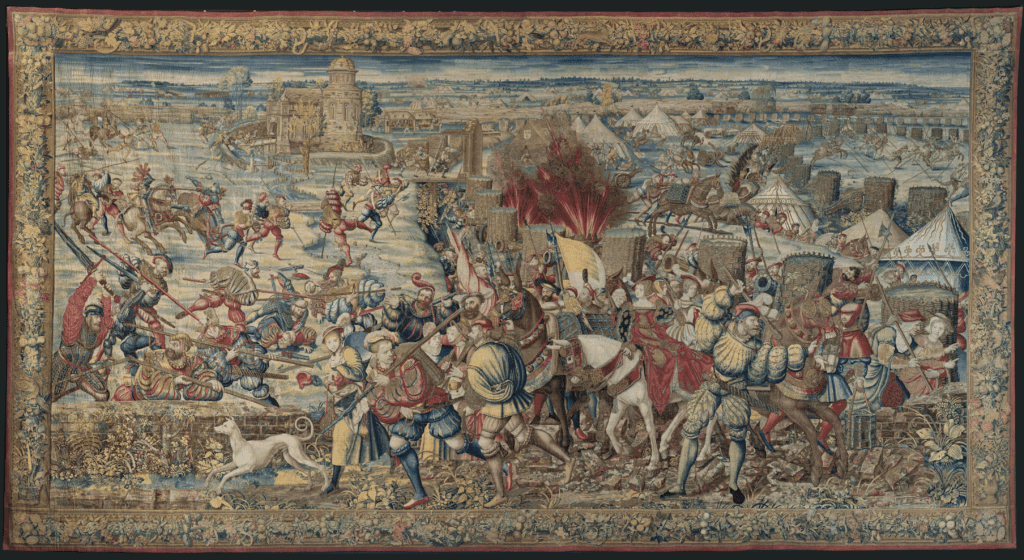 "The Invasion of the French Camp and the Flight of the Ladies and Servants," circa 1528–1531, designed by Bernard van Orley, woven by Willem and Jan Dermoyen, at MFAH. (© Museo e Real Bosco di Capodimonte)