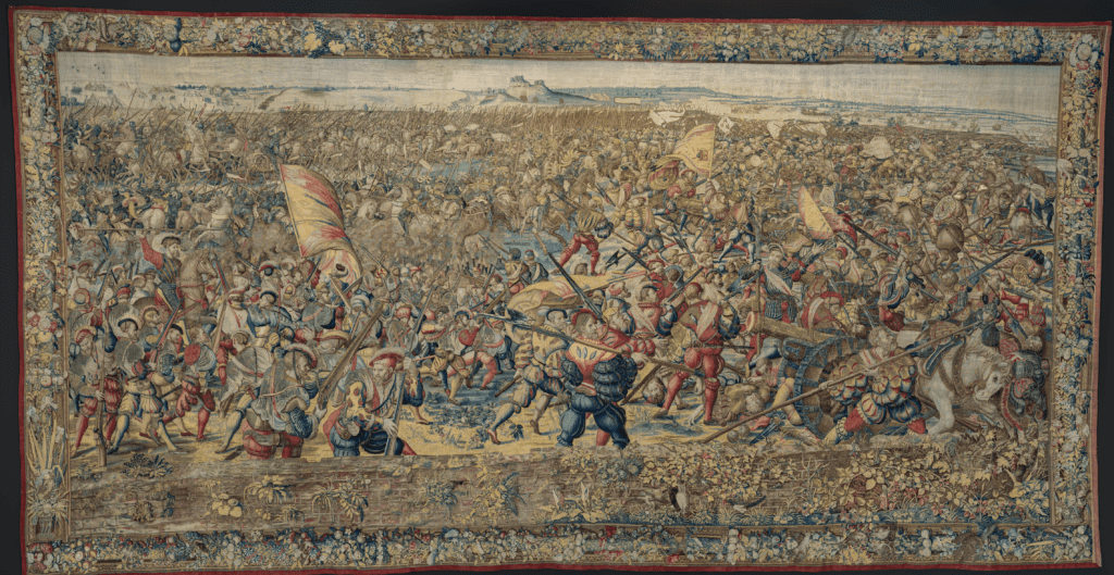 "The Imperial Attack on the French Cavalry, Led by the Marquis of Pescara, and on the French Artillery by the Lansquenets under Georg von Frundsberg," circa 1528–1531, designed by Bernard van Orley, woven by Willem and Jan Dermoyen, at MFAH © Museo e Real Bosco di Capodimonte