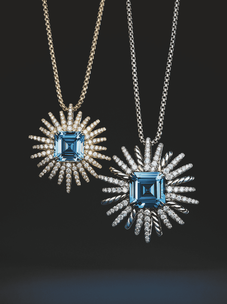 Starburst Collection one-of-a-kind yellow and white gold and pavé-set diamond pendant necklaces with aquamarines, 2023. (Photo by Emil Larsson)
