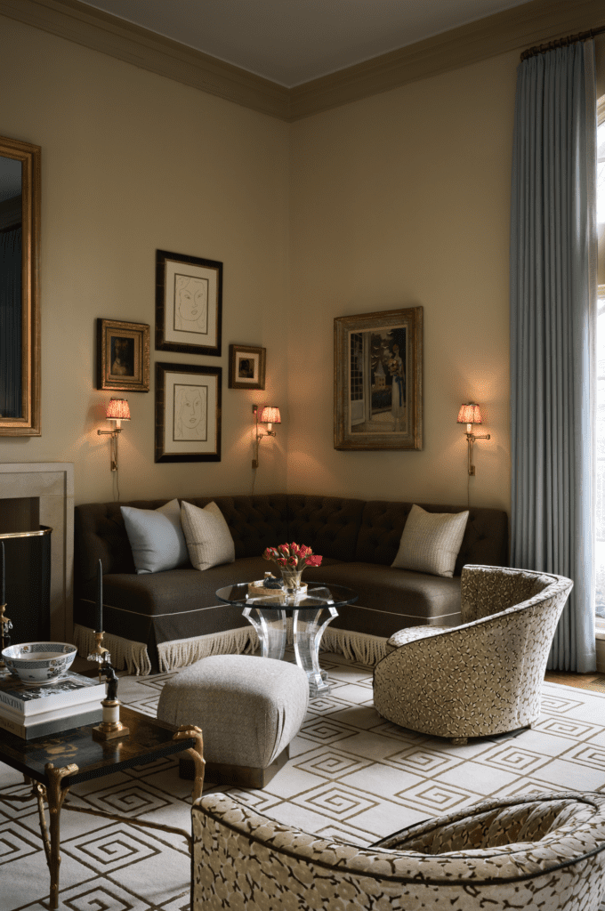 A corner banquette designed by Shelby Wagner in Holland & Sherry fabric with Samuel & Sons fringe. Chinoiserie cocktail table from the estate of Sybil B. Harrington.  (Photo by Pär Bengtsson)