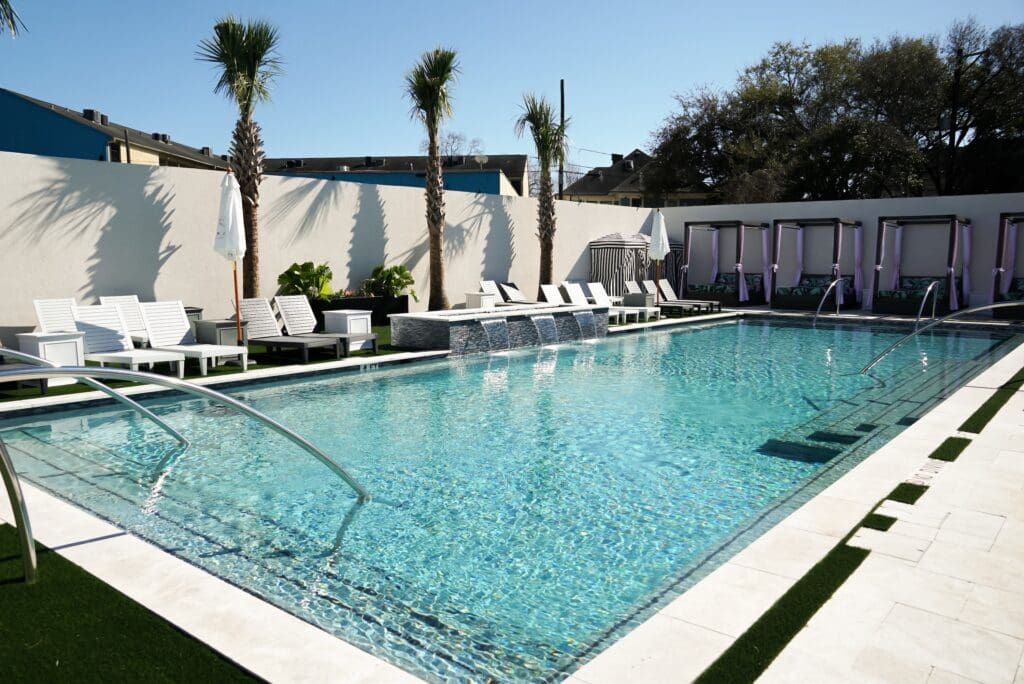 Aiming to create a Tulum vibe, the 65-foot-pool at Montrose Country Club is open seven days a week, closing at dusk. With three separate dining areas labeled inside, outside, and poolside, you can dine in your cabana, custom pool chaise lounge, by the outdoor bar area or inside tucked in a cozy booth. (Photo by Becca DeFillippo)