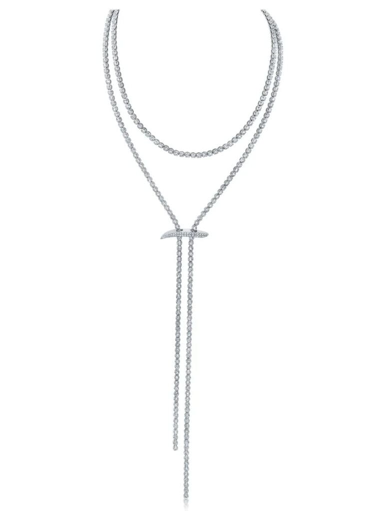 One of Jo Latham’s standout pieces: the Mega Swirl Slide Lariat Necklace, featuring over 10 carats of G-H SI1 white diamonds in 18K gold, available in-store for $41,500. (Courtesy)