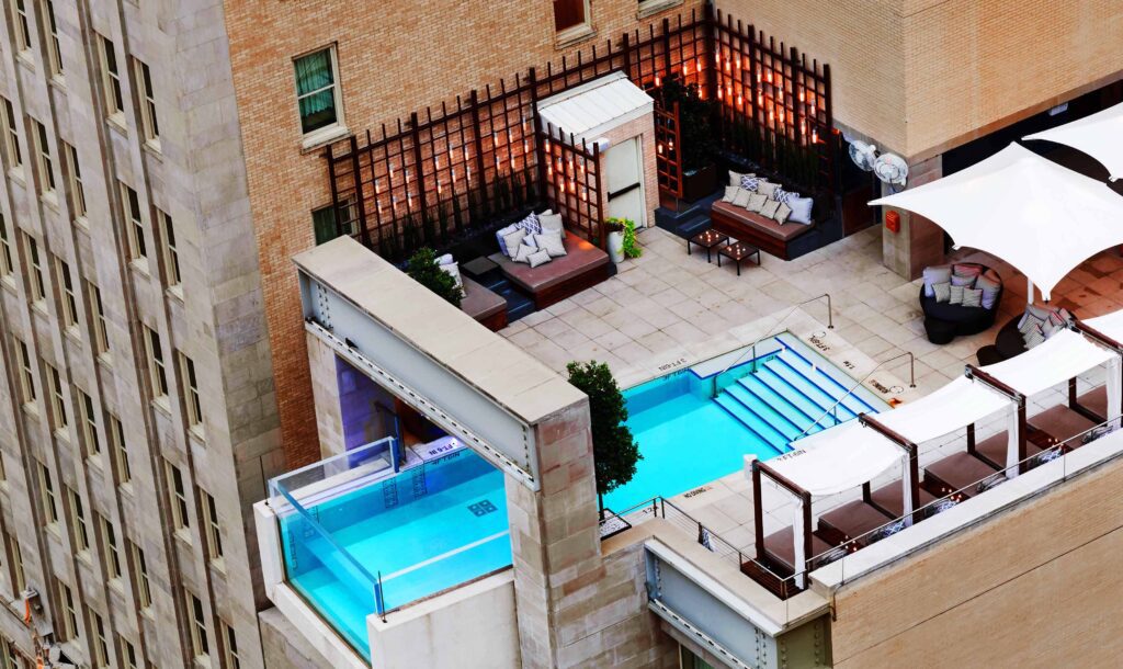 The Joule’s signature pool is an 8-foot cantilevered glass design that extends beyond the hotel’s edge. (Courtesy)