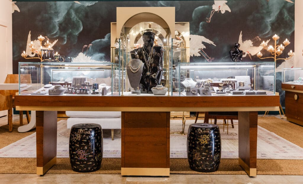 Jo Latham's fine jewelry boutique within You Are Here offers an inviting, living room–style setting, allowing clients to explore curated collections in a relaxed and elegant environment. (Courtesy)