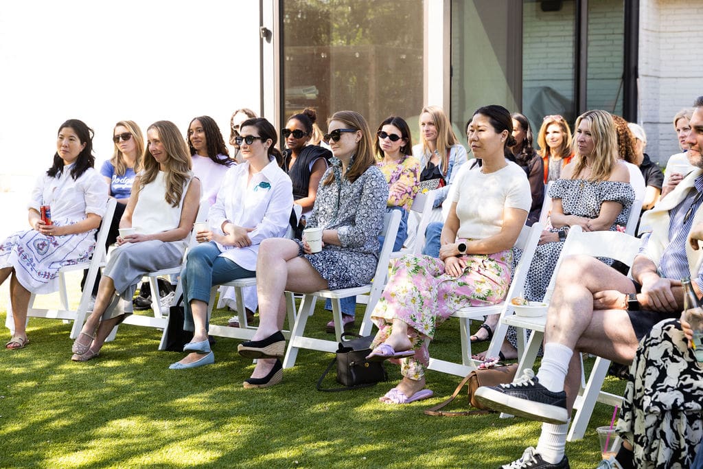 Guests gathered in the backyard of Leatherology co-founder Rae Liu for an intimate artist talk with Madeline Donahue and Nina Johnson Gallery. (Photo by Kaitlin Saragusa Photography)