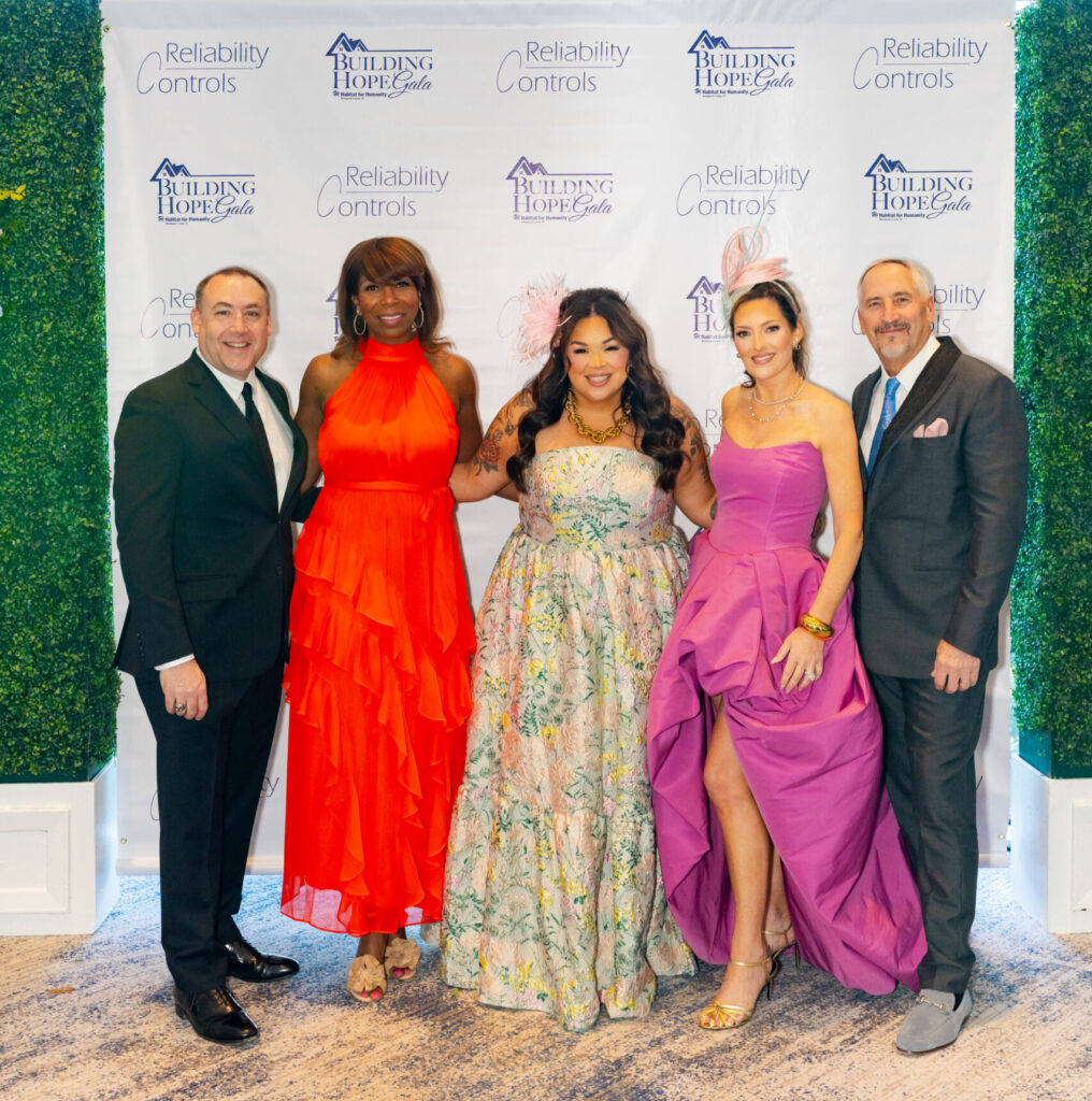 Charles Merdian, board president of Habitat MCTX, Vicki Johnson, executive director of Habitat MCTX, Tina Rivera and Laura and David Piccione at Habitat for Humanity’s Building Hope gala at The Woodlands Waterway Marriott. (Photo courtesy Habitat for Humanity MCTX)