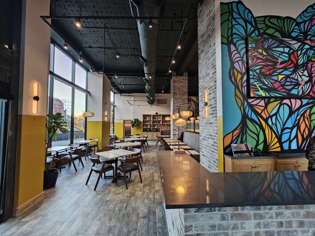 Inside Barbacana charming brick walls are adorned with vivid artwork by Bayou City muralist Danny Anguilu and original, commissioned work from the Austin-based Xander Rudd.