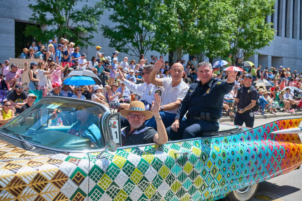 Brock Wagner, Mayor John Whitmire, Chief J Noe Diaz at The Orange Show 38th Annual Art Car Parade (Photo by Charlie Ewing)