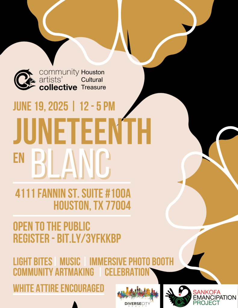 The Community Artists' Collective hosts its Juneteenth en Blanc event on June 19, 2025 from noon - 5 pm at its new location in the Ion Building. Guests are encouraged to wear white and enjoy immersive photo sessions, food, art making and music. (Courtesy the Community Artists' Collective, Houston)