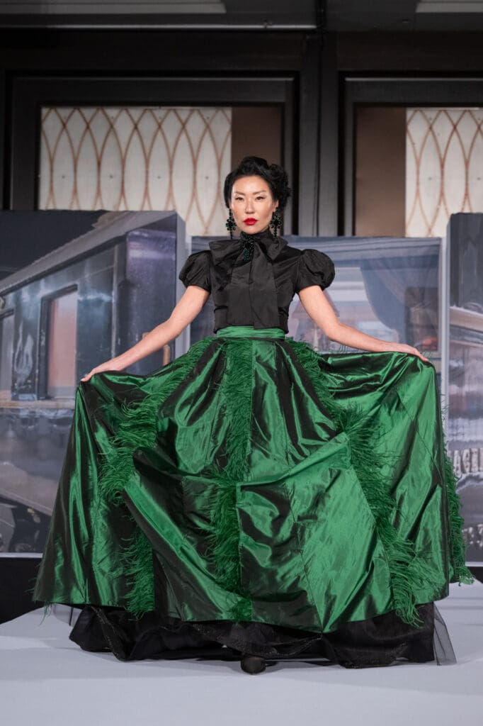 Zang Toi gown on the catwalk at Asia Society Texas’ inaugural Runway to Asia luncheon honoring the international designer (Photo by Wilson Parish)