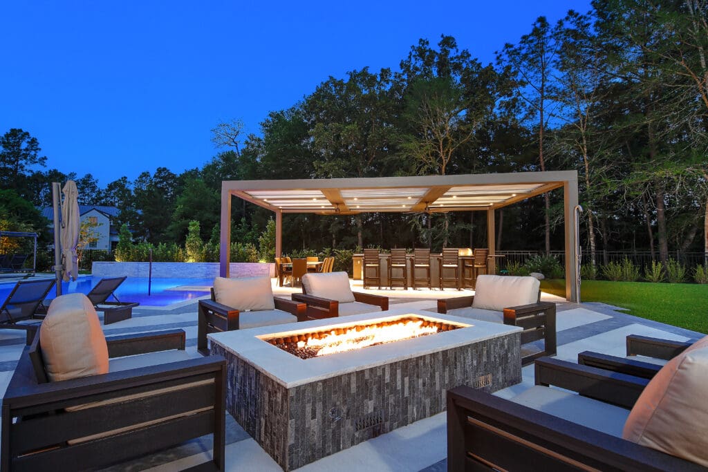 The pool features an in-floor cleaning system, heating and chilling options, and an ozone treatment unit.