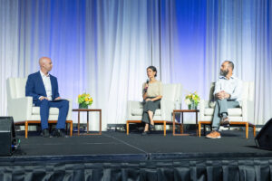 Moderator Amir Tibon, Honorees Rachel Goldberg-Polin & Jon Polin at the Holocaust Museum Houston Lyndon Baines Johnson Moral Courage Award Dinner (Photo by Jacob Power)