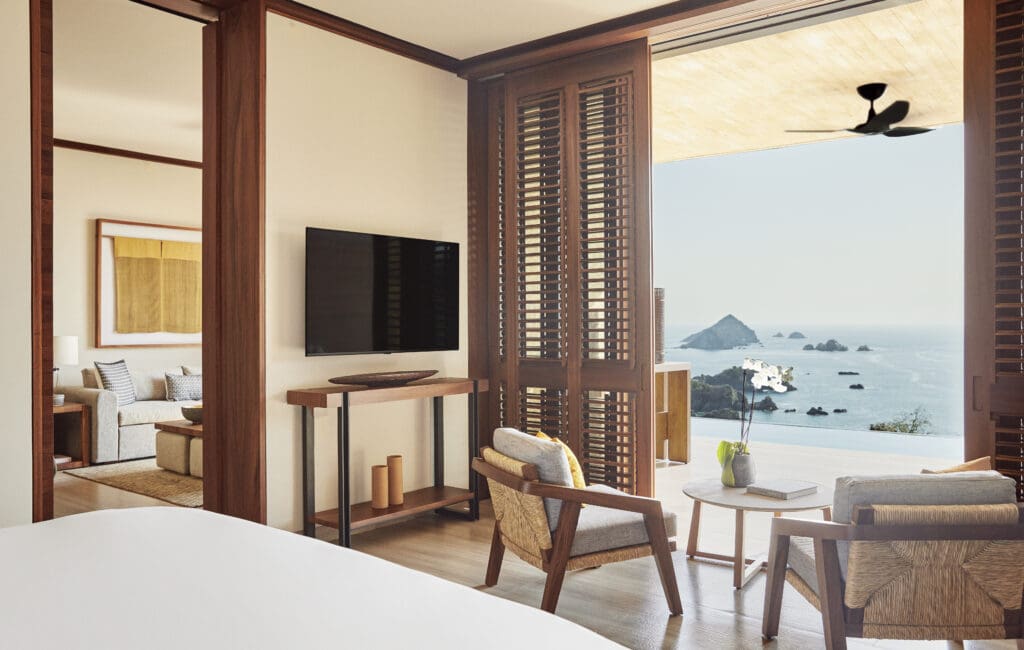 Infinity Pool One-Bedroom Cliffside Suites feature separate living areas and outdoor showers, designed by renowned Mexican architects to frame the ocean below. (Photo by Four Seasons Tamarindo)