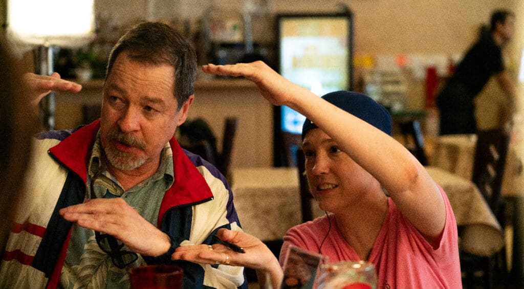 Laymon is in her element, working on the set with French Stewart in "Bob Trevino Likes It." 
Photo Courtesy: Tracie Laymon, Roadside Attractions
