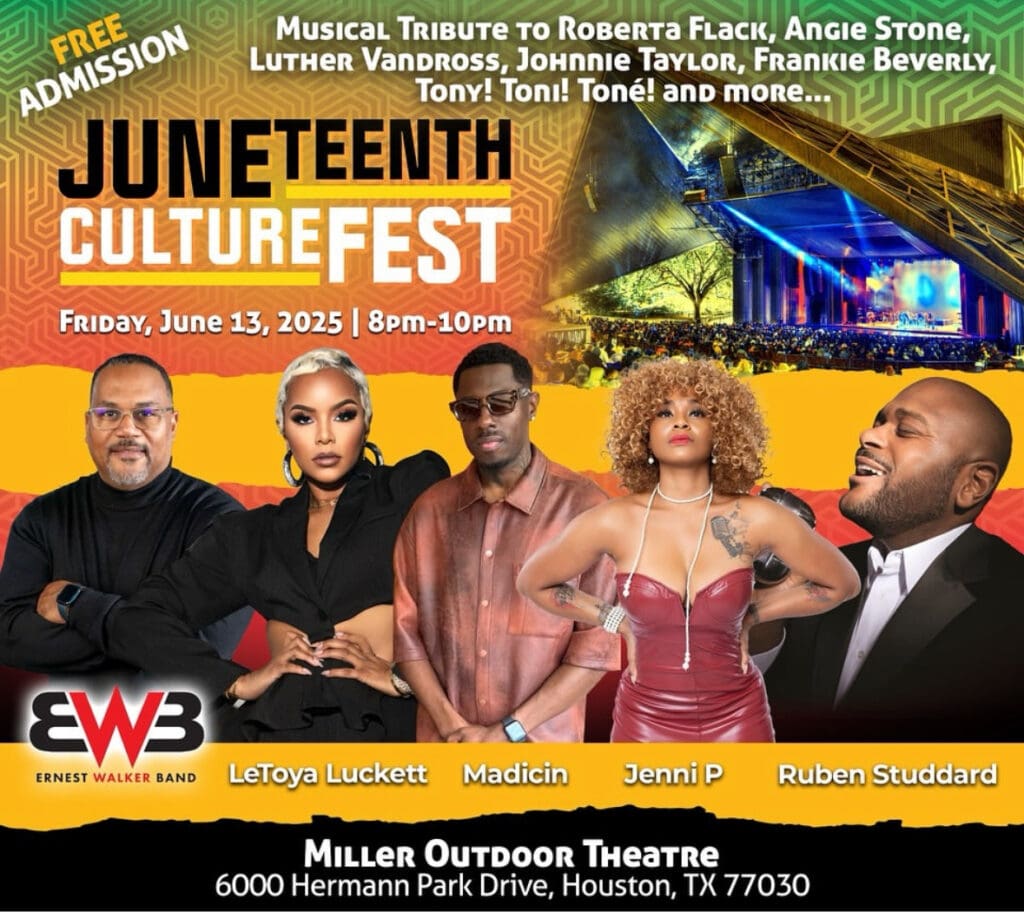 The Juneteenth Culture Fest will be held Friday, June 13, 2025 from 8-10 p.m. at Hermann Park's Miller Outdoor Theater. Featured performers include the Ernest Walker Band, LeToya Luckett, Jenni P, Madicin and Ruben Studdard. (Courtesy Miller Outdoor Theater and KTSU)