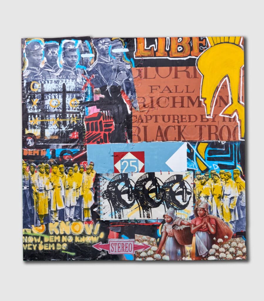 Robert Hodge's and Tierney Malone's painting "Two & 1/2 Years," 2016. Mixed media on canvas. The painting visually narrates the story of Juneteenth. (Courtesy Robert Hodge)