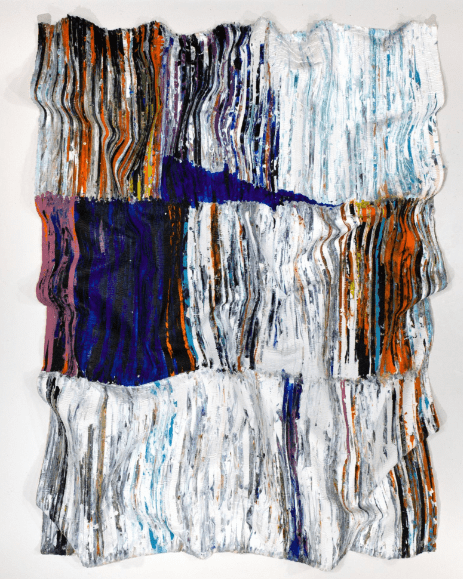 Kenny Nguyen (New York City)'s silk-based “deconstructed paintings” are on display in the Elevator Lobby.