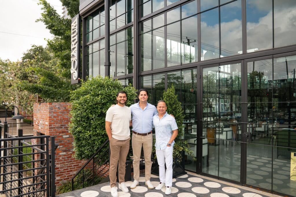 Rex Hospitality and The Kirby Group,  teamed together to collaborate on Solarium and The Courts at the former Holman Draft Hall in Midtown. Shown here Rex Hospitality's Lance McCullers Jr., Juan Carlos de Aldecoa, and Jimmy Doan. Photo by Swiggard Creative.