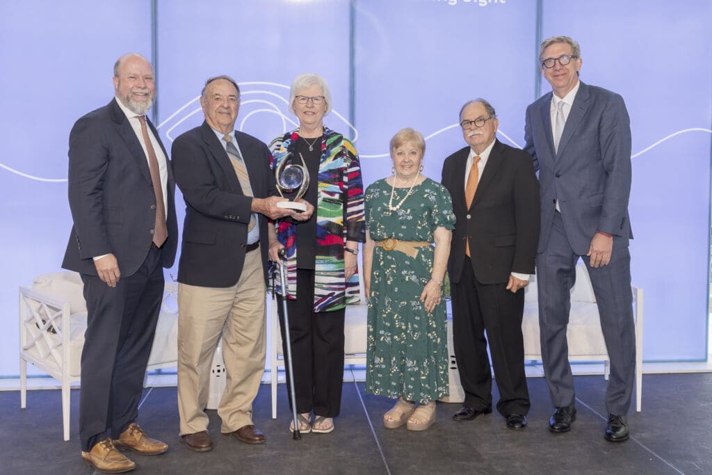 Dan Hunt, co-chair, Dent DeWitt, Fonda DeWitt, Dinah Gaspard, James Gaspard, and Dr. Karl Csaky, Chief Medical and Executive Officer (Award recipients) (Photo by Sylvia Elzafon and Thomas Garza)