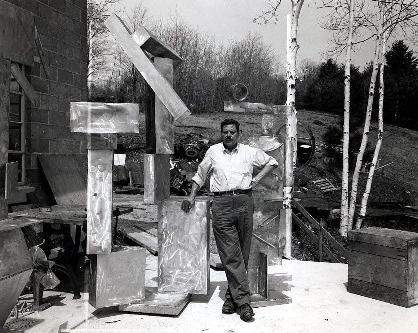 Sculptor David Smith stands near two of his sculptures. Smith's work and approach to art making inspired Texas artist Mac Whitney, who passed away recently. (Courtesy The Estate of David Smith and Yares Art)