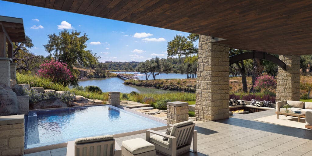 Lake House 1 is the first of five shared-ownership Lake Houses planned along the store of Longhorn Lake. (Artist Rendering courtesy of Boot Ranch)