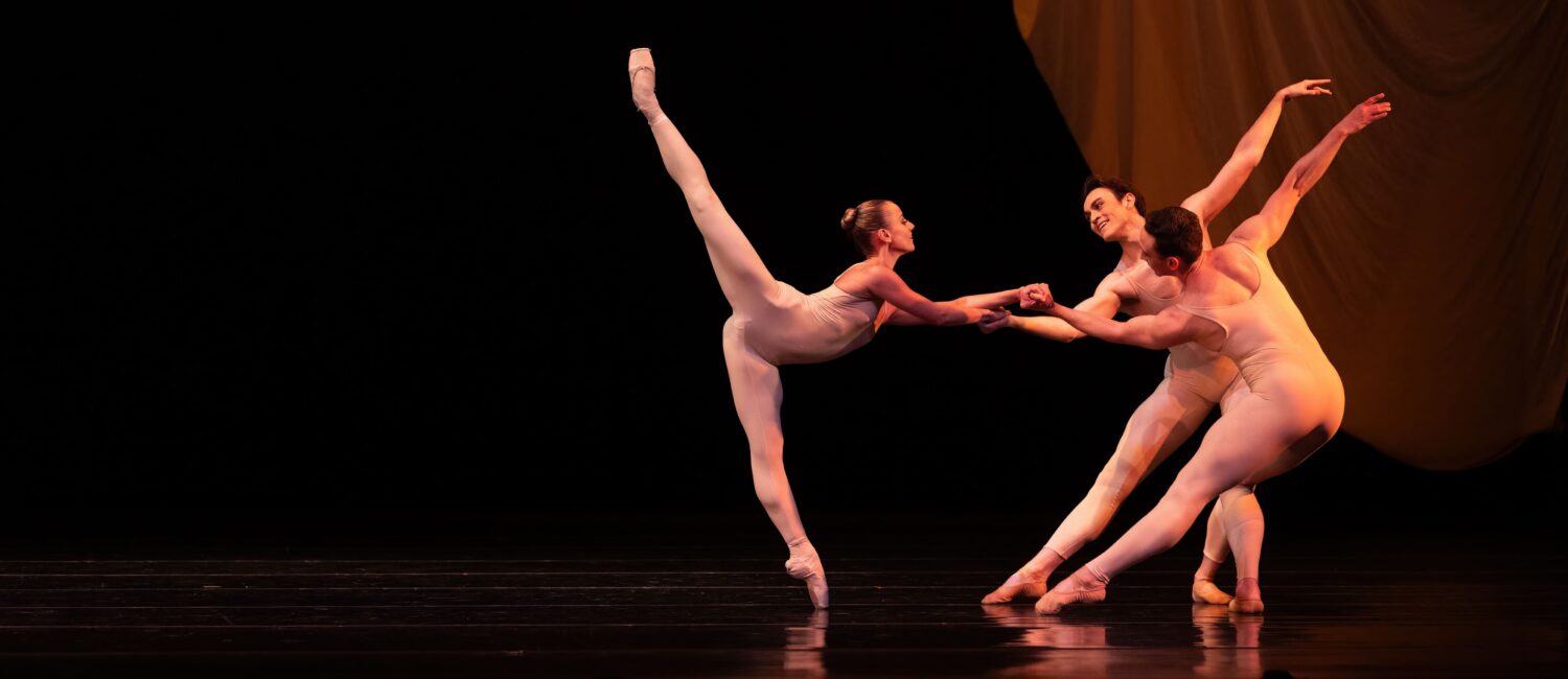 Houston Ballet first soloist Tyler Donatelli, soloist Aaron Daniel Sharratt, and Corp de Ballet dancer Riley McMurray in Ben Stevenson’s “Four Last Songs” (Photo by Amitava Sarkar. Courtesy Houston Ballet.)