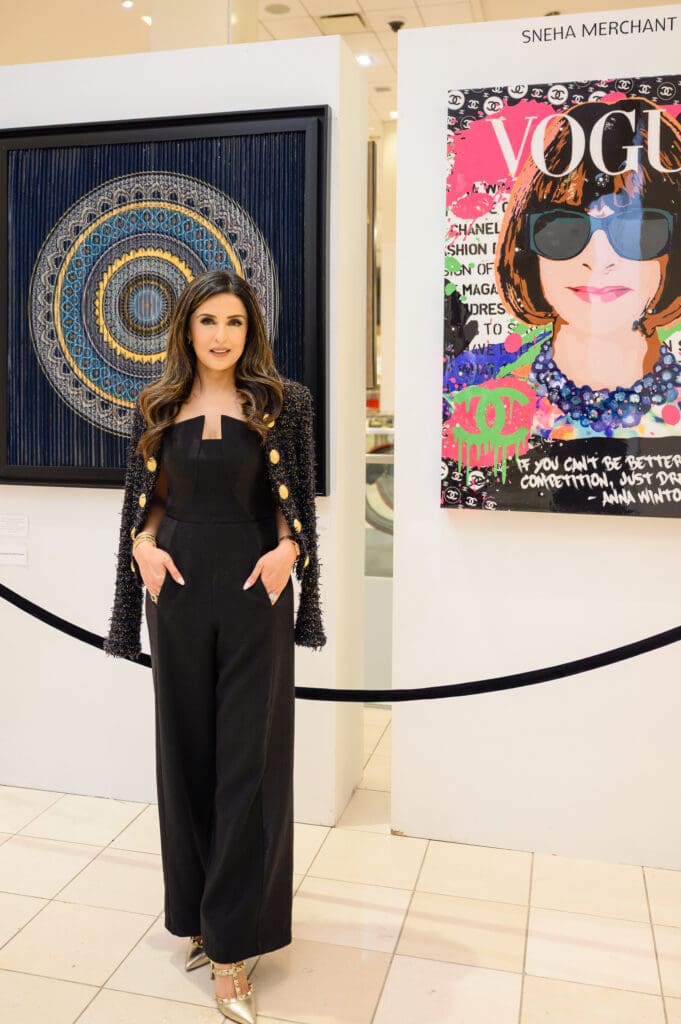 Sneha Merchant with her art piece at  Sneha Merchant exhibition at Neiman Marcus (Photo by Si Vo Photography)