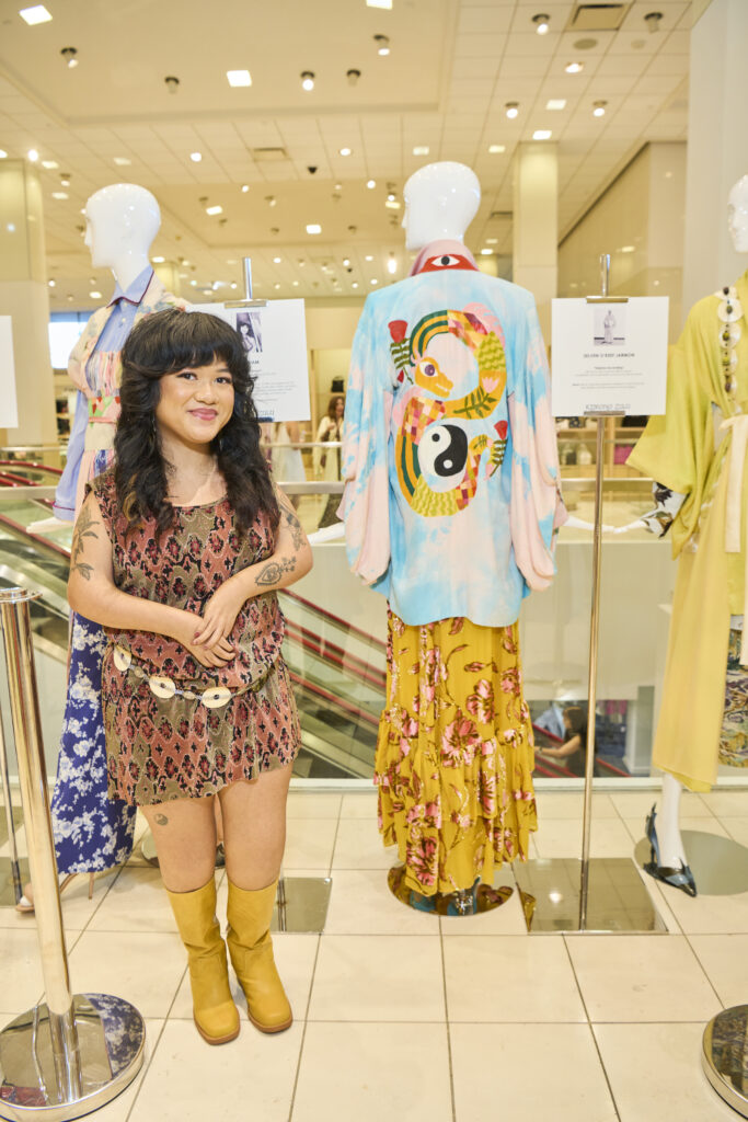 Artist Ally Ham with her kimono "Dragon in Bloom" at Kimono Zulu Exhibition at Neiman Marcus (Photo by Charlie Horse Photos)