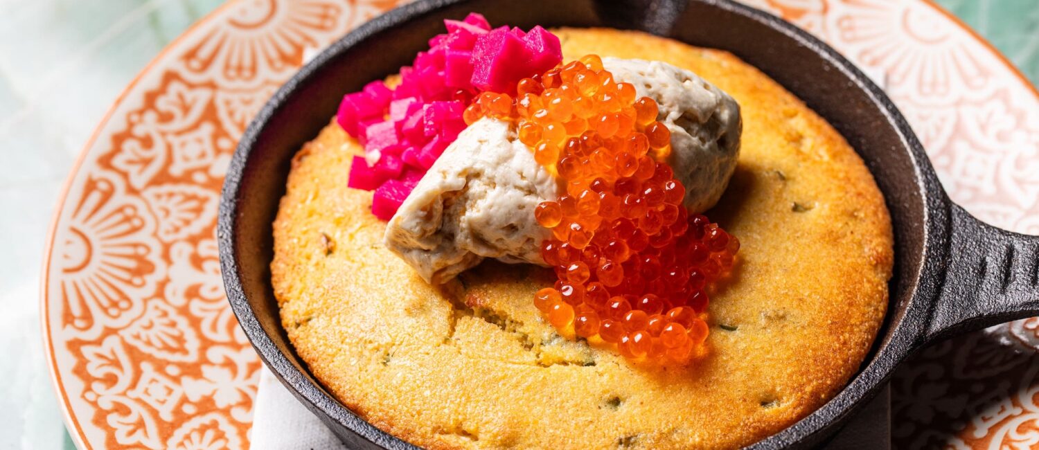 Cast Iron Cornbread with Steen’s Cultured Butter, Radish, Pickled Turnip and Smoked Trout Roe at Good God, Nadine’s