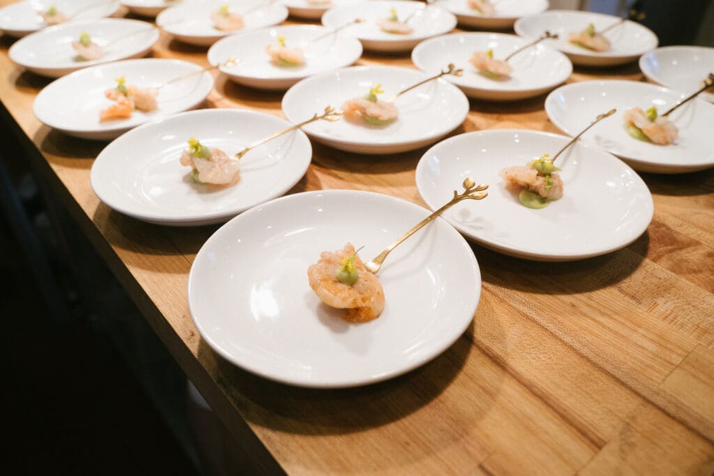 Amuse-Bouche (pickled Gulf shrimp with avocado mousse) prepared by Chef Dominick Lee at Sips & Saddles: Supperclub Dinner at Hotel King Henry (Photo by NYC High Photography) 