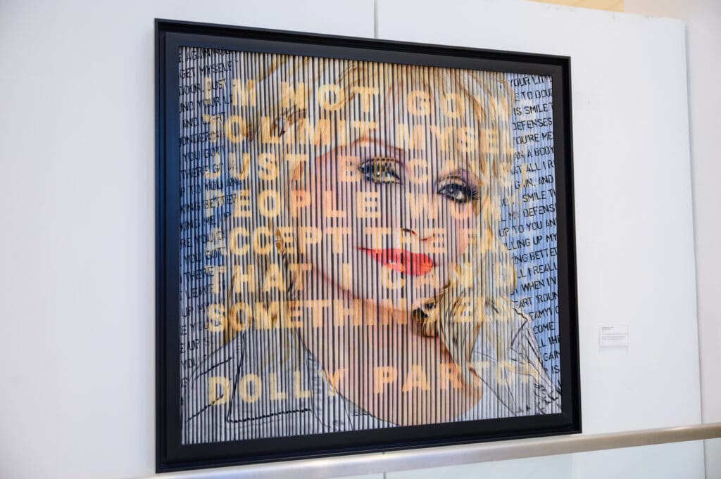 "Dolly Parton" kinetic art piece at Sneha Merchant exhibition at Neiman Marcus (Photo by Si Vo Photography)