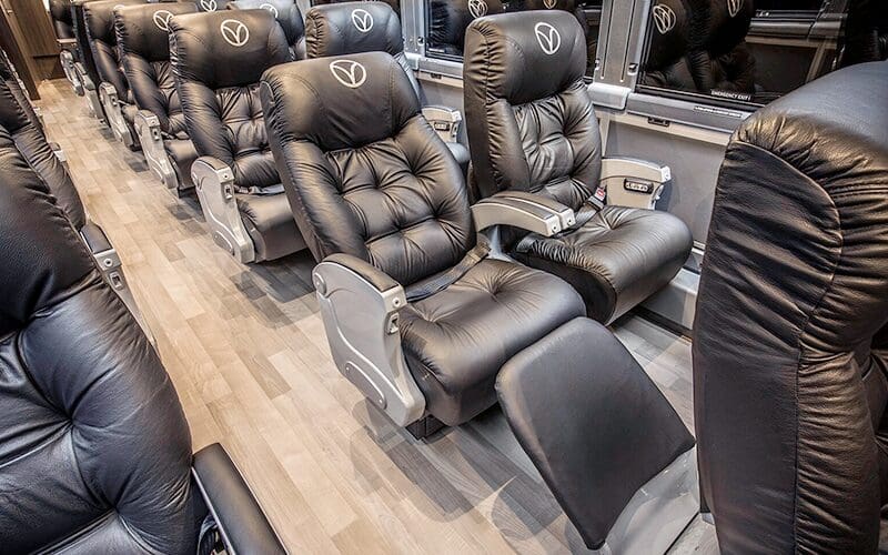 Leather seats offer premium comfort for travelers going to and from Dallas on the Vonlane coach. (Photo courtesy of Vonlane)