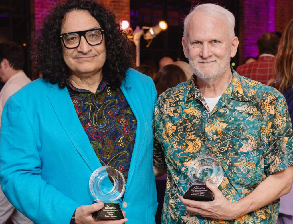 Glasstire Texas Art Writing Award winners Ruben C. Cordova and Robert Craig at the 2025 Glasstire Party & Auction (Photo by Jenny Antill Clifton)