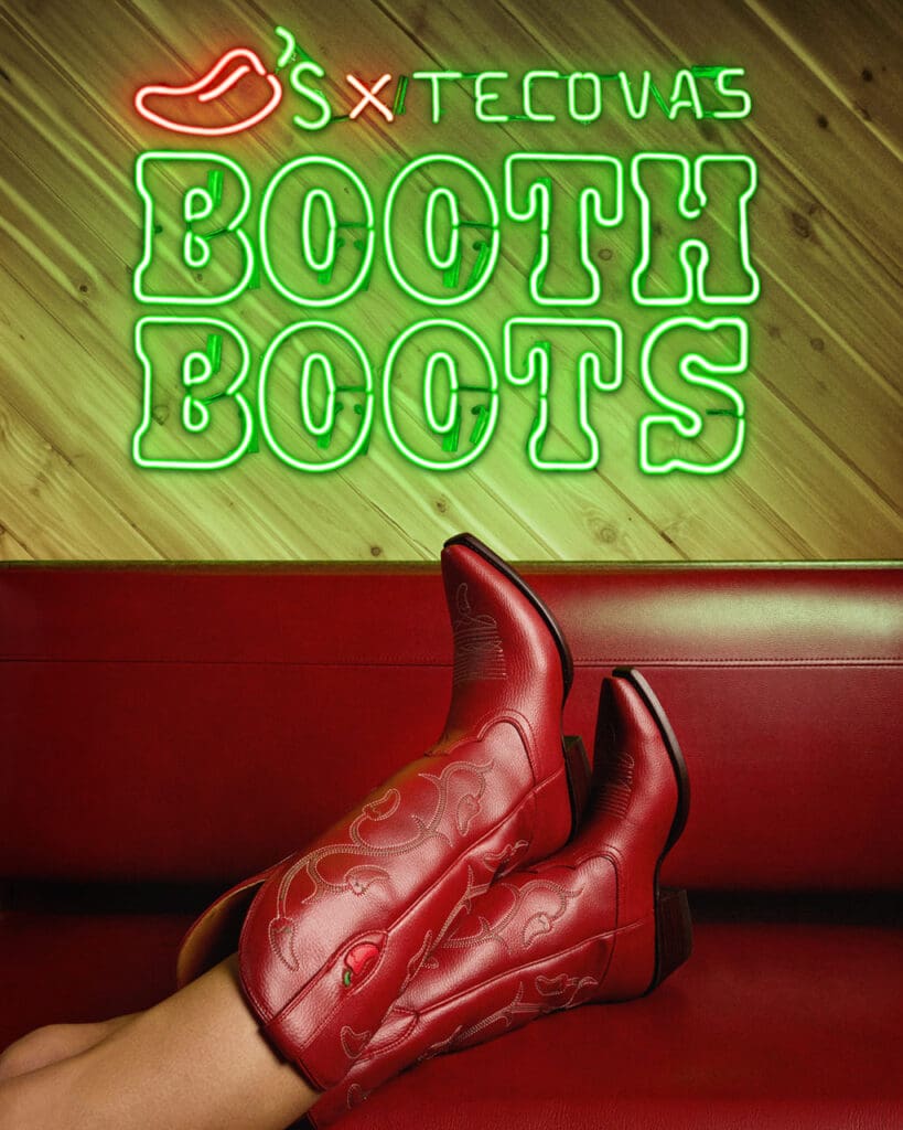 Together, the Texas-born brands created a limited-edition pair of cowboy boots made from the same leather as Chili's iconic red booths. (Photo by Tecovas x Chili’s)