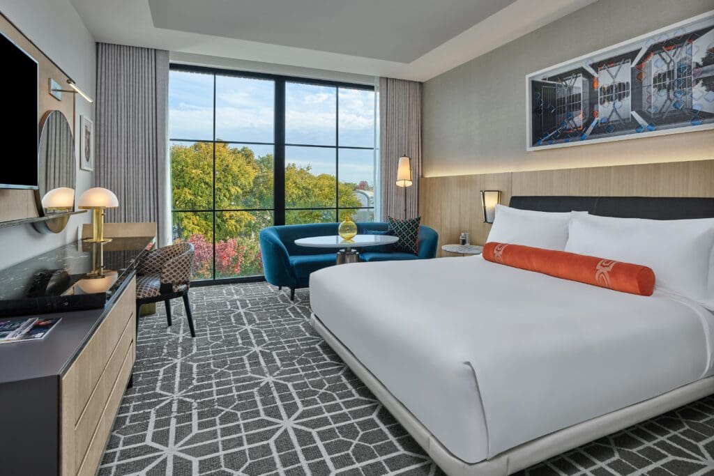 A guestroom at The Crescent, one of 200 rooms and 12 suites.