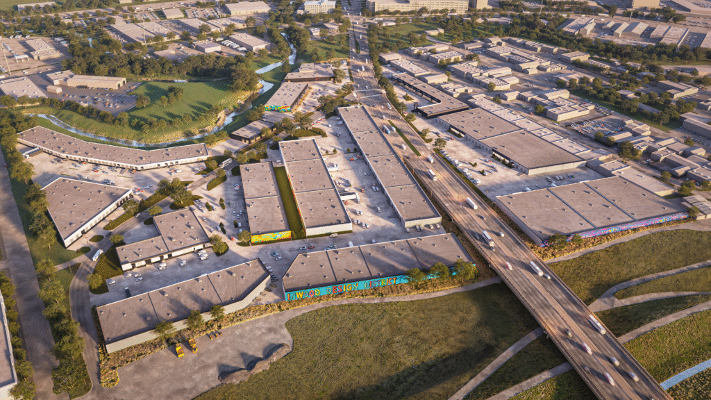 An aerial rendering shows the scale of the newly branded Inwood Design District and Ace on Inwood, encompassing nearly 40 acres of industrial, showroom, and retail space in Dallas. (Courtesy of M2G Ventures)