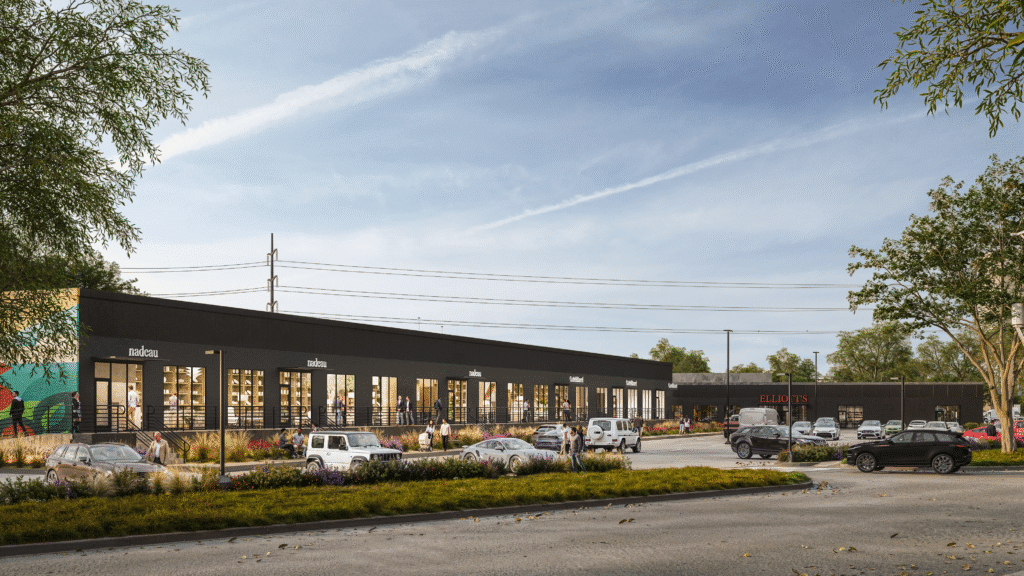 Enhanced landscaping and public art transform the Inwood Road frontage into a walkable, design-forward destination within the reimagined Inwood Design District. (Courtesy of M2G Ventures)